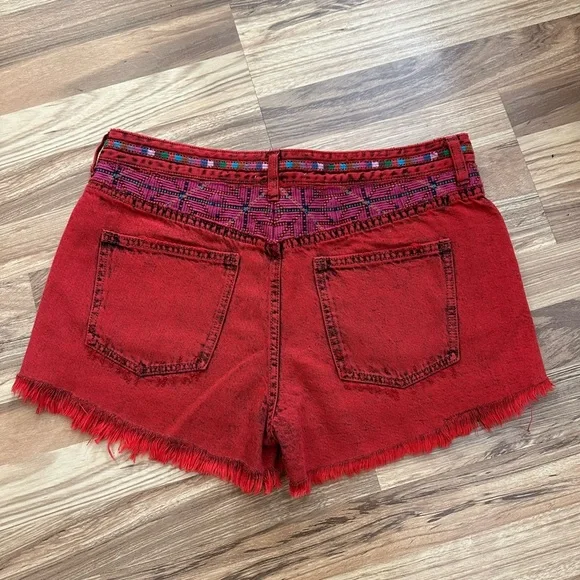 FREE PEOPLE Sun Break Embroidered-Yoke Denim Shorts Red Size 29 - Picture 9 of 10